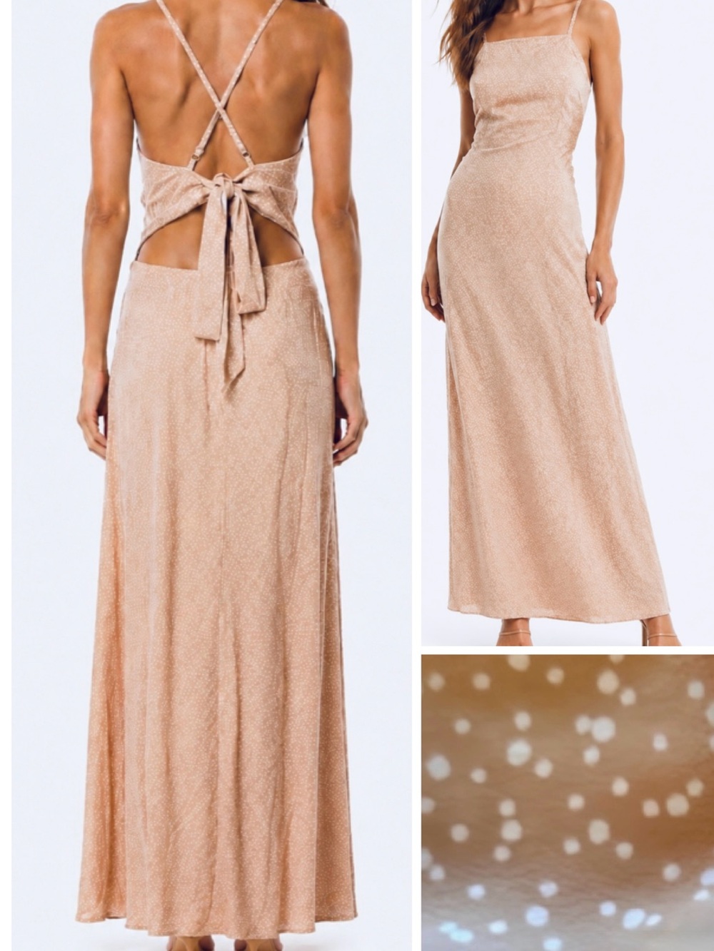 FLYNN SKYE Square Neckline Mauve Nude Dot Strappy Backless Maxi Dress
